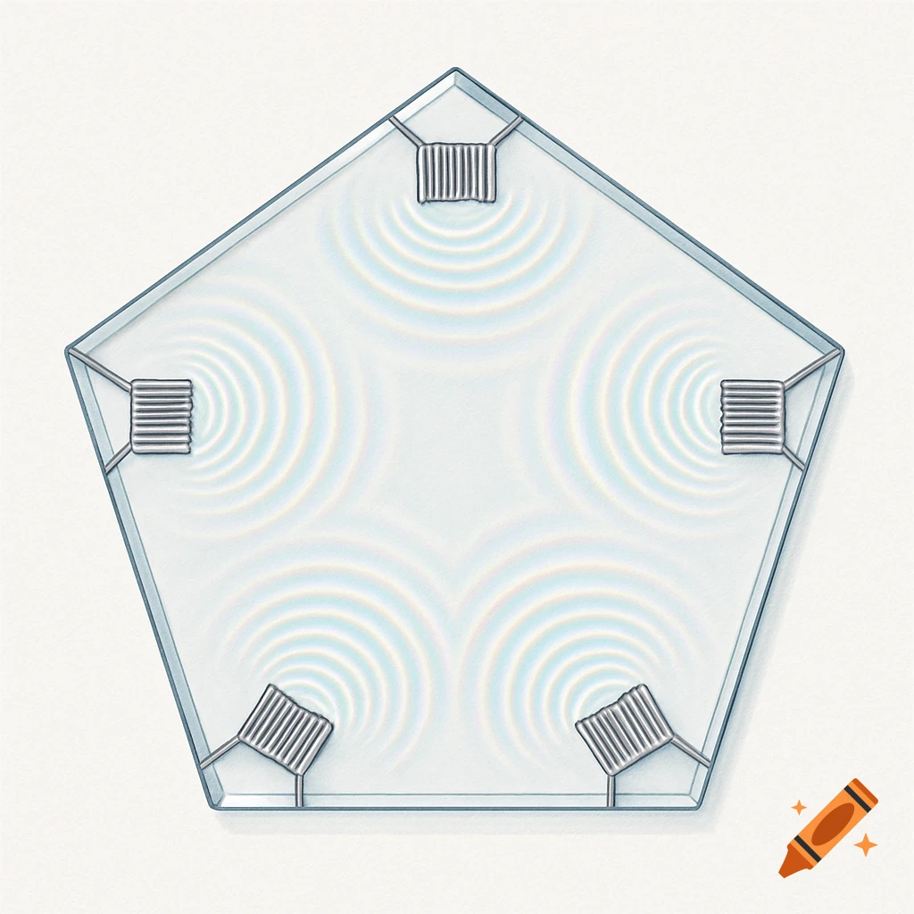 Top-down scientific illustration of a pentagonal glass plate with transducers emitting concentric wave patterns.