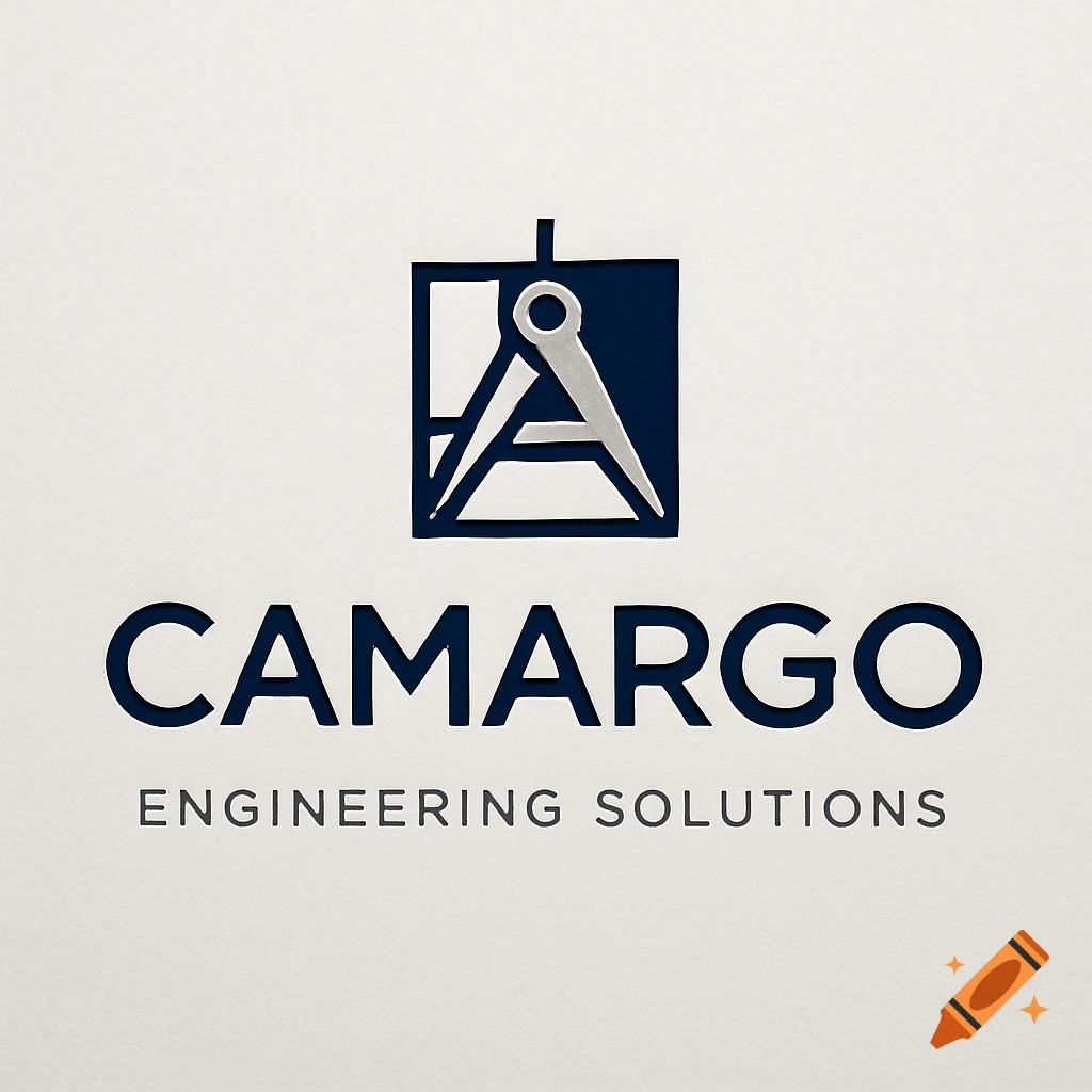 A dark blue logo for 'CAMARGO ENGINEERING SOLUTIONS' with a stylized compass design on a textured light background.