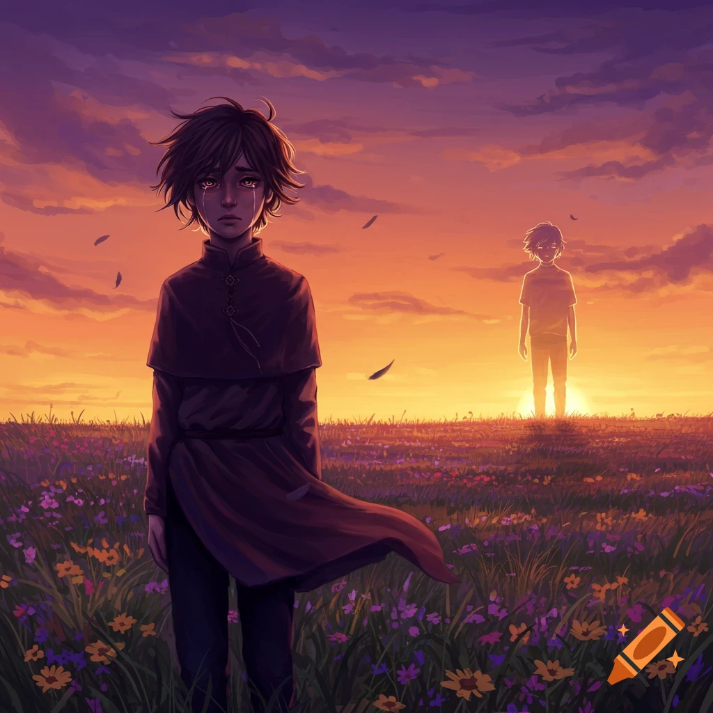 An anime-style person with tears on their face stands in a field of wildflowers at sunset, with a silhouetted figure in the distance.