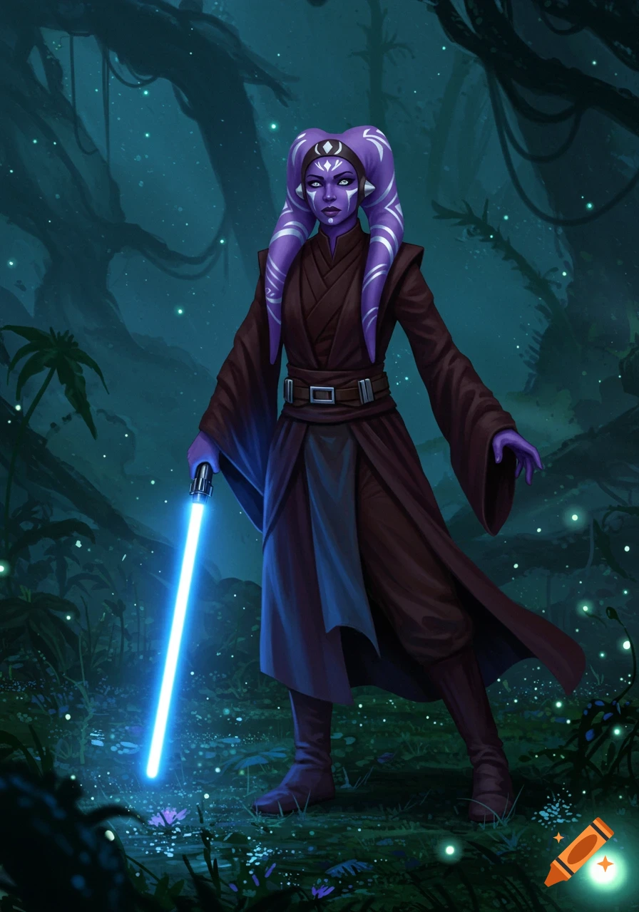 A purple-skinned Twi'lek Jedi wearing brown robes stands in a dark, glowing forest, holding a blue lightsaber.