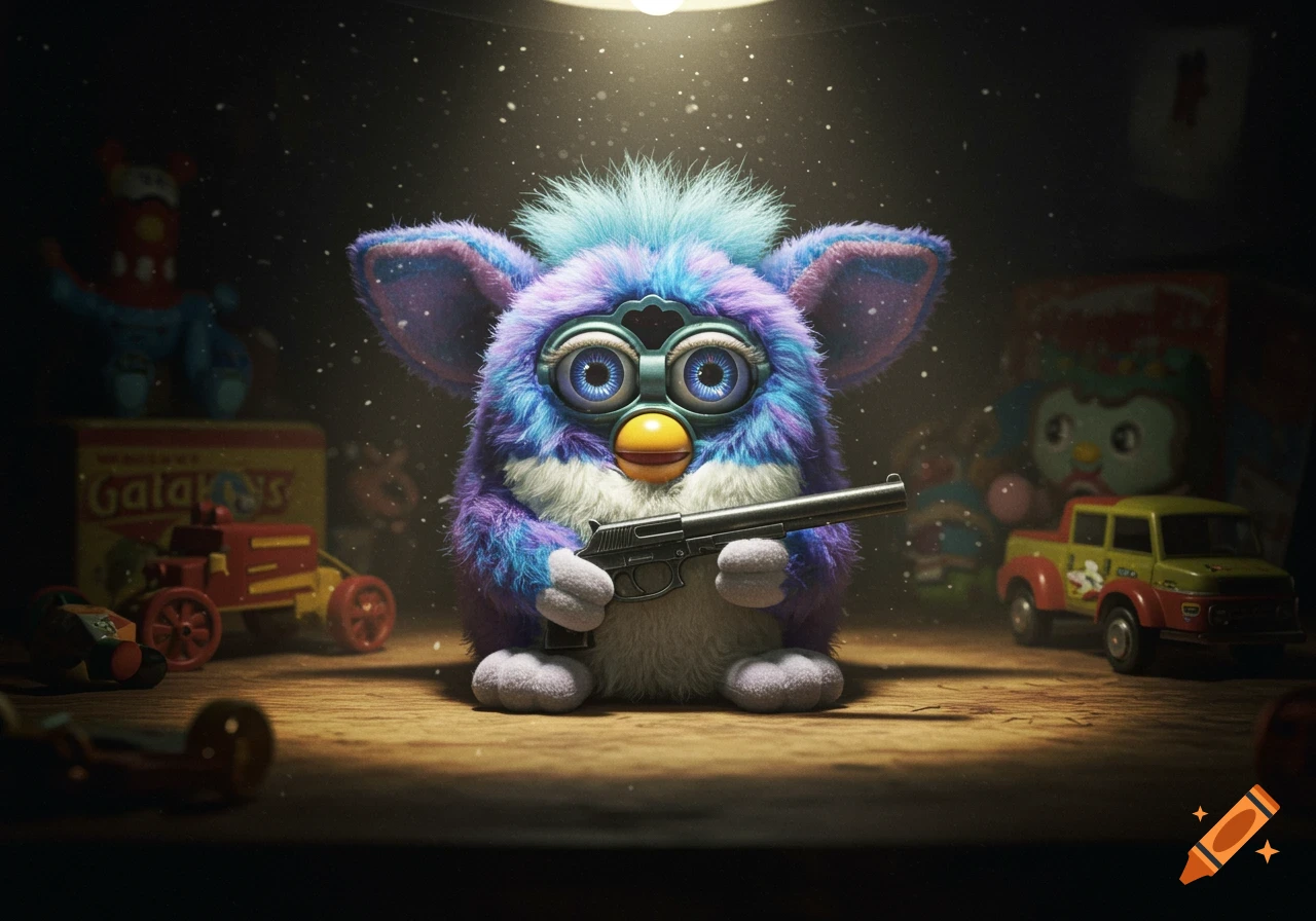 A photorealistic image of a fluffy purple and blue Furby toy holding a realistic pistol on a wooden surface, surrounded by other blurred toys in a dimly lit setting.