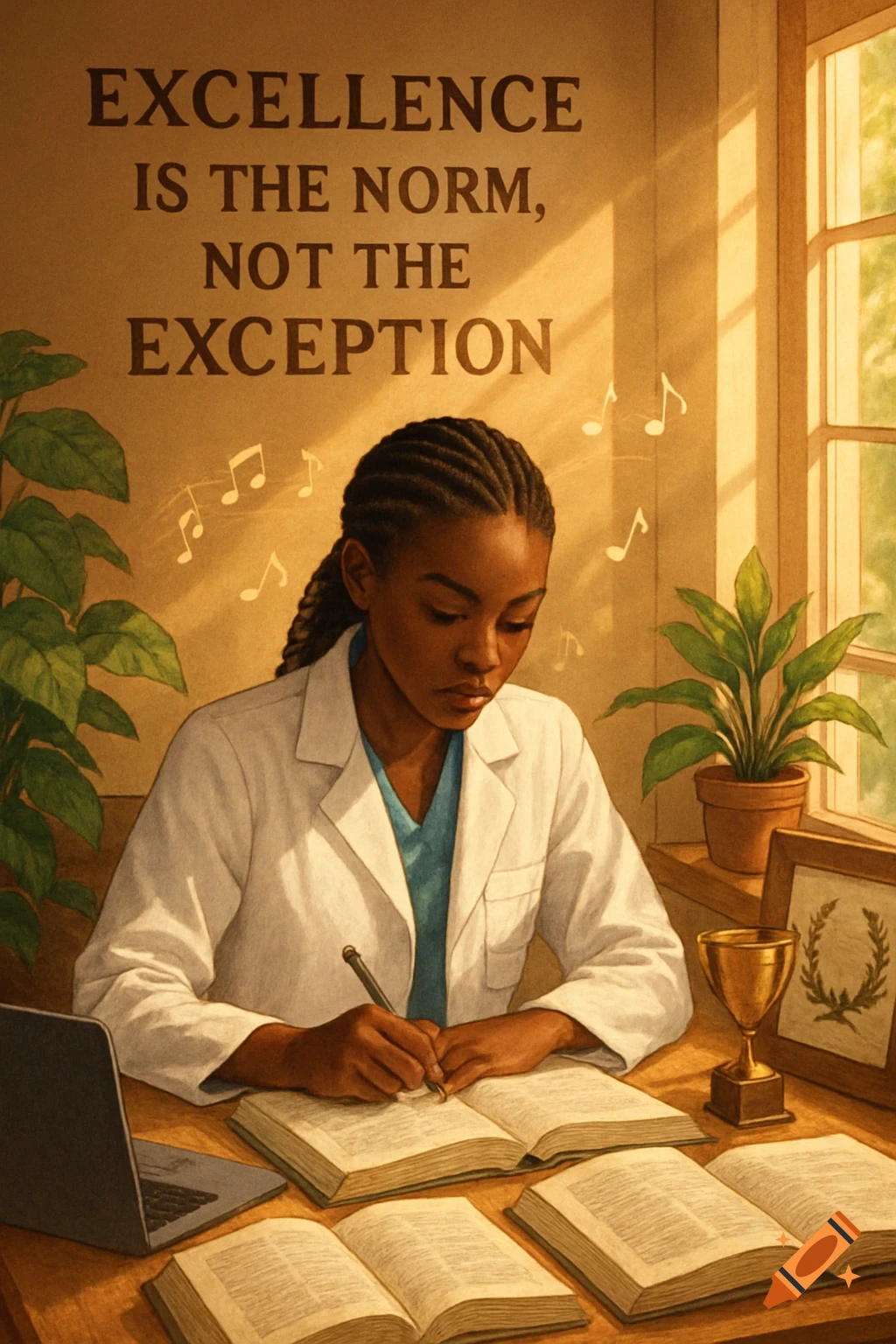 A Black woman medical student studies at a desk filled with books, a laptop, and a trophy, under an inspirational quote on the wall.