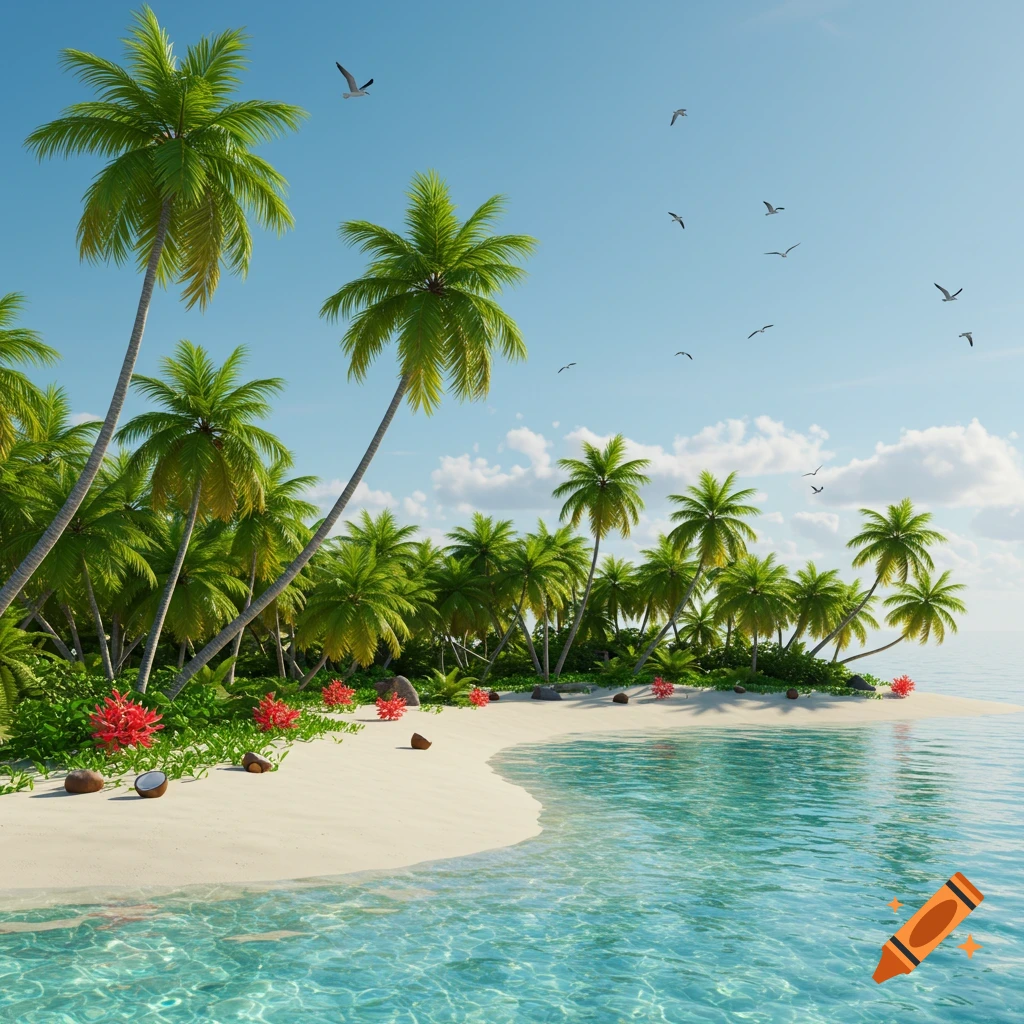 A photorealistic tropical island with palm trees on a white sand beach and clear turquoise water, under a blue sky with birds.