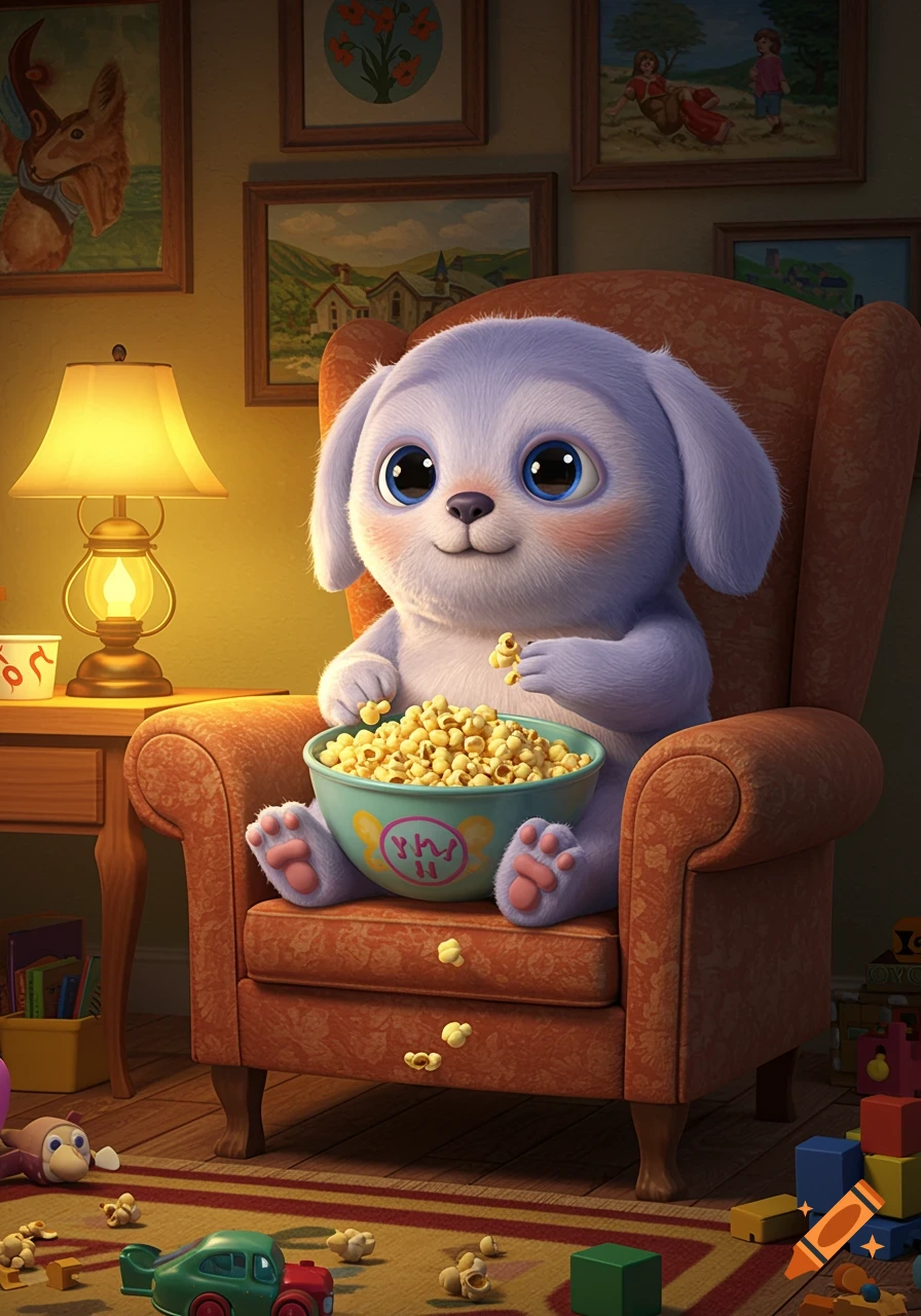 A fluffy purple cartoon creature resembling a puppy sits in an armchair, happily eating popcorn from a large bowl, with toys scattered on the rug.