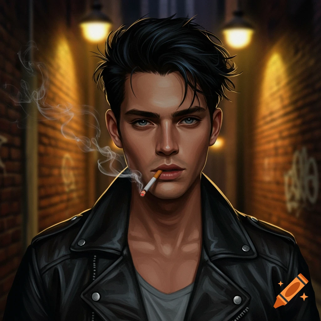 A digital art portrait of a young man with dark hair and blue eyes, wearing a leather jacket, smoking a cigarette in a dimly lit brick alleyway.