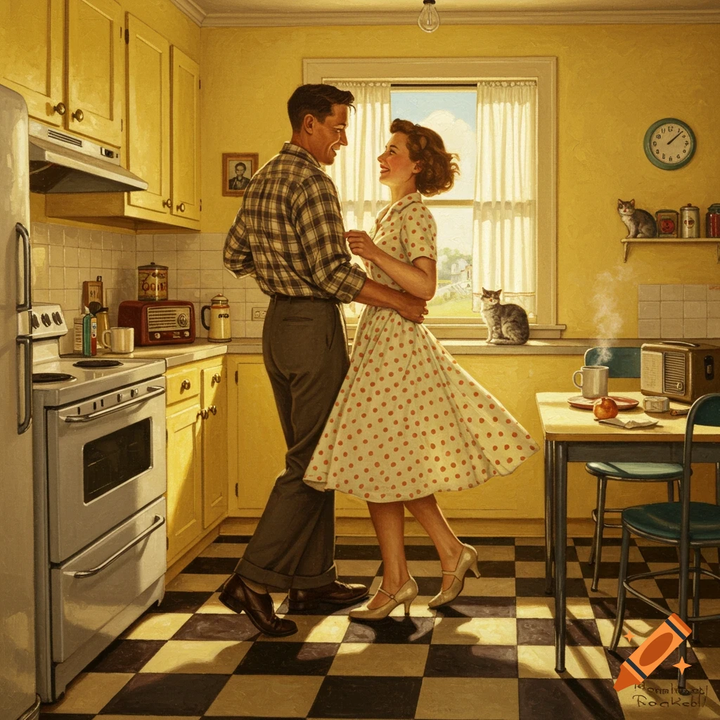 A 1950s couple dancing in a sunlit yellow kitchen with a checkered floor and two cats, in an illustrative style.