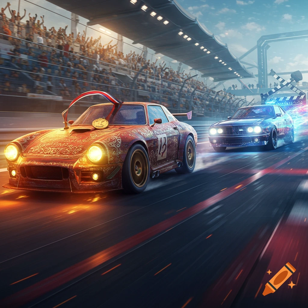 A red racing car with a gold medal on its hood leads a blue car on a racetrack, with cheering spectators in the background.