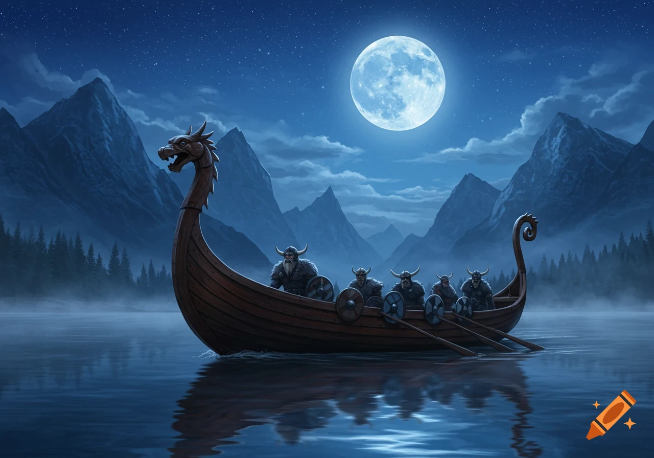 A Viking longboat with warriors on a moonlit lake, surrounded by misty mountains and a starry sky.