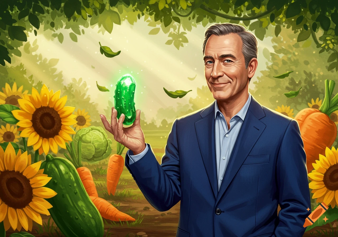 An illustrated man in a suit smiles while holding a glowing pickle in a garden with sunflowers, cucumbers, carrots, and cabbage.