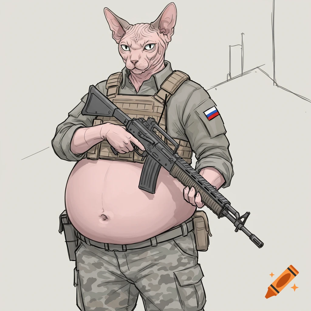 A sketch of a fat anthropomorphic Sphynx cat in Russian military uniform holding an AS VAL assault rifle.