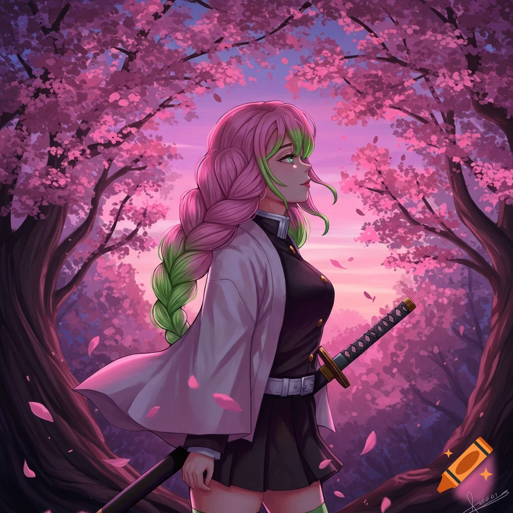 Anime art of Mitsuri Kanroji in uniform with a sword, standing amidst pink cherry blossoms at sunset.