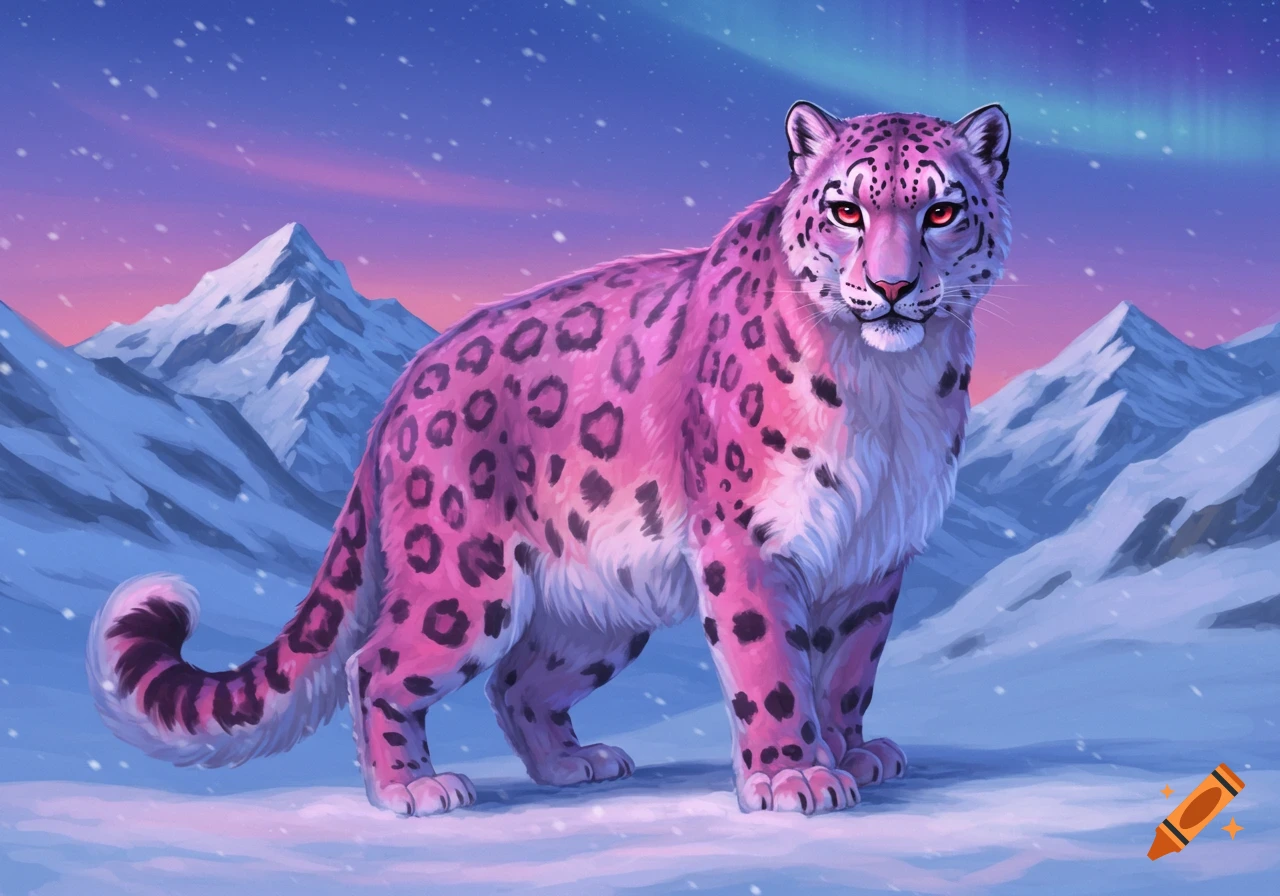 A vibrant pink and purple snow leopard with red eyes stands in a snowy mountain landscape under a colorful aurora sky. Digital art.