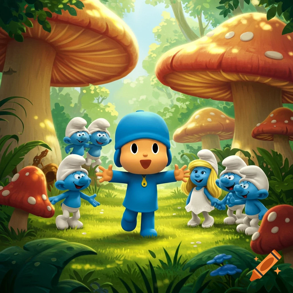 Pocoyo stands with arms outstretched among several Smurfs and Smurfette in a vibrant, mushroom-filled fantasy forest.