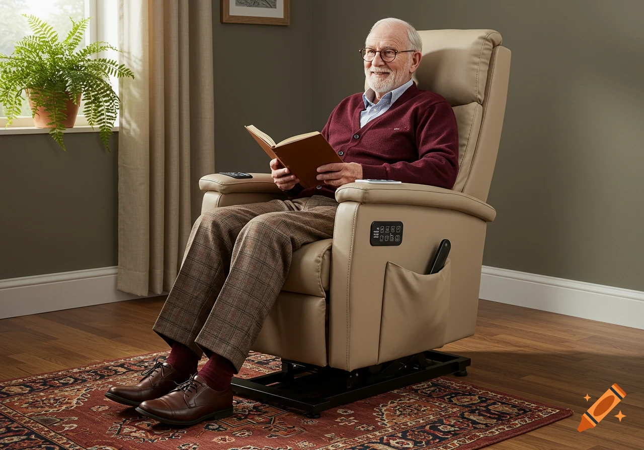 An elderly man with glasses and a maroon cardigan smiles while reading a book in a beige medical lift recliner in a cozy living room.