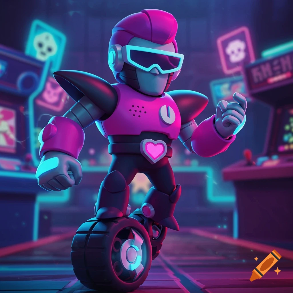 A stylized pink and black robot character with a unicycle wheel, wearing visor sunglasses, standing in a neon-lit arcade. There is a glowing pink heart on its chest.