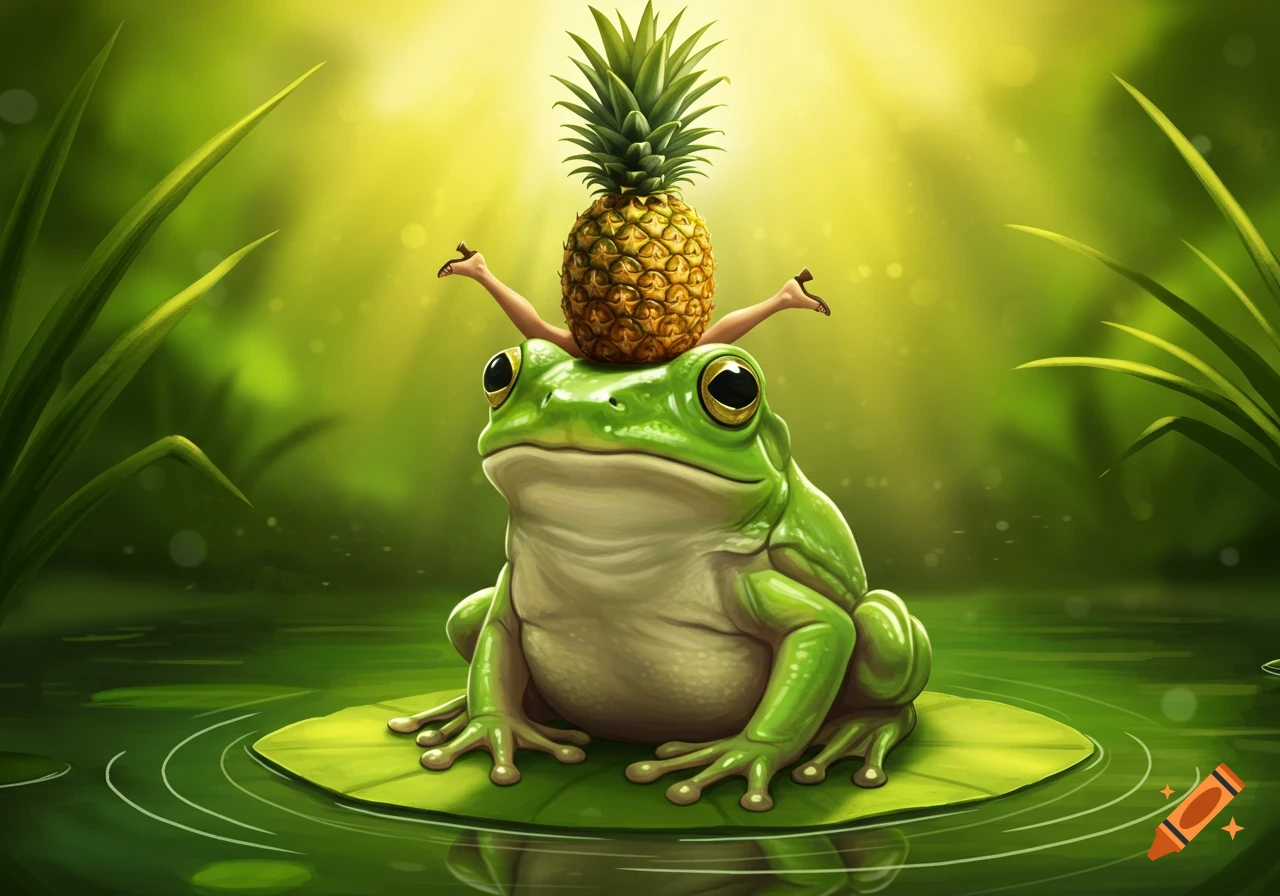 A whimsical green frog sits on a lily pad in water, balancing a pineapple with small human legs on its head.
