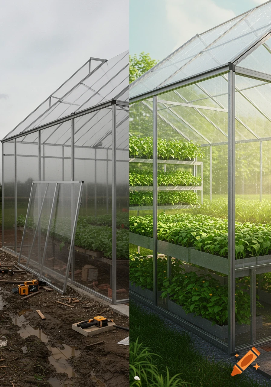 Photorealistic before and after image of an acrylic greenhouse, from a muddy construction site to a lush interior filled with plants.