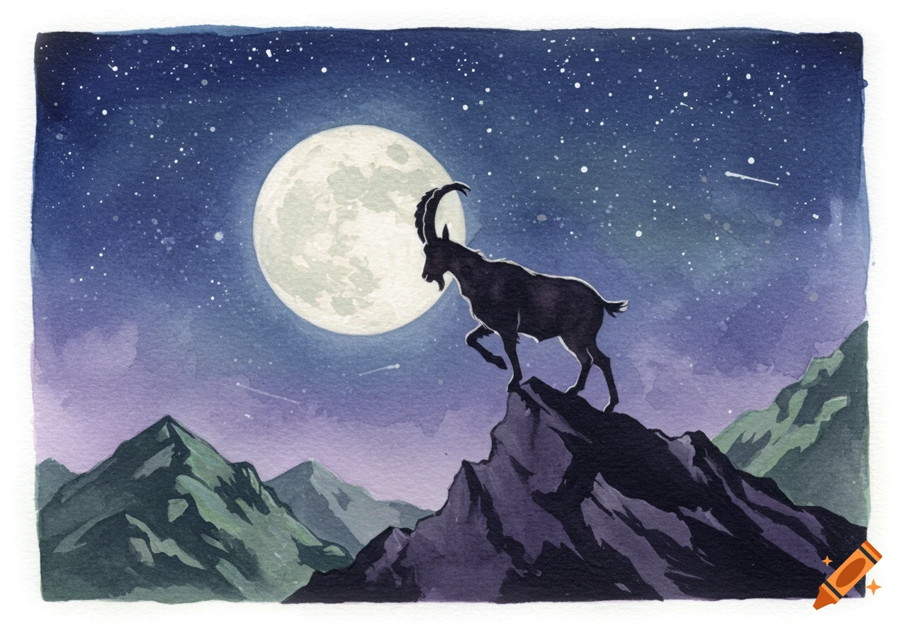 A watercolor painting of a black goat silhouetted against a large full moon, standing on a jagged mountain peak under a starry night sky.