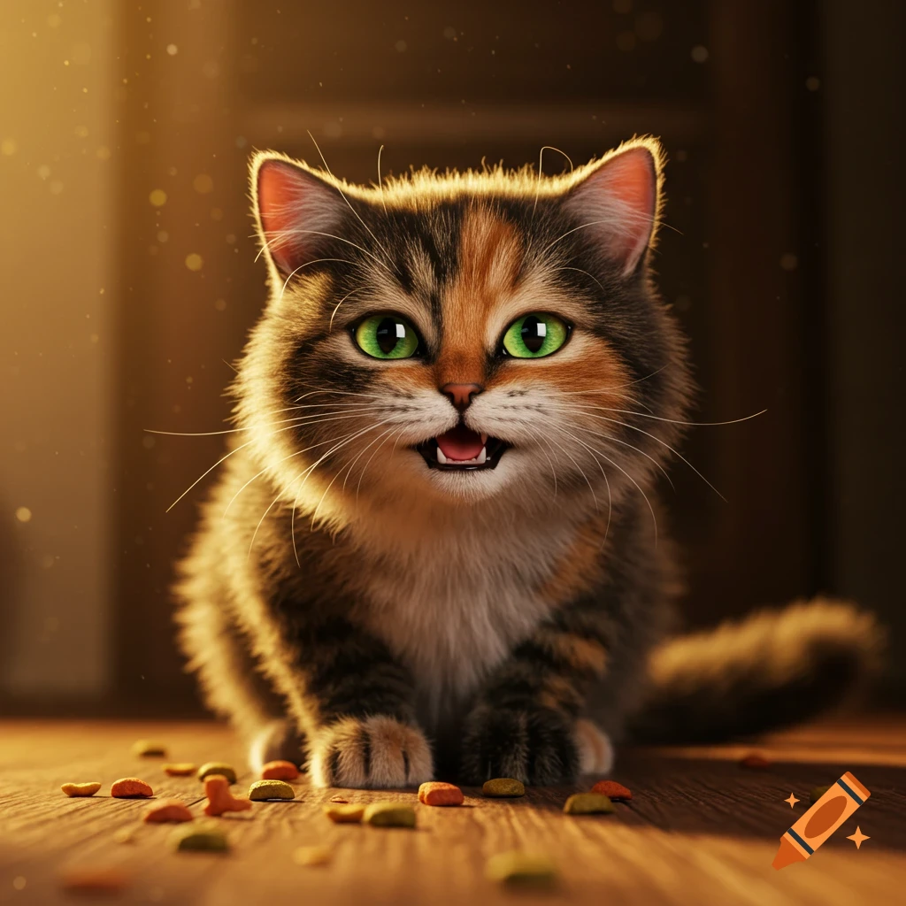 Close-up of a hyper-realistic fluffy tortoiseshell cat with bright green eyes sitting on a wooden floor with scattered kibble.