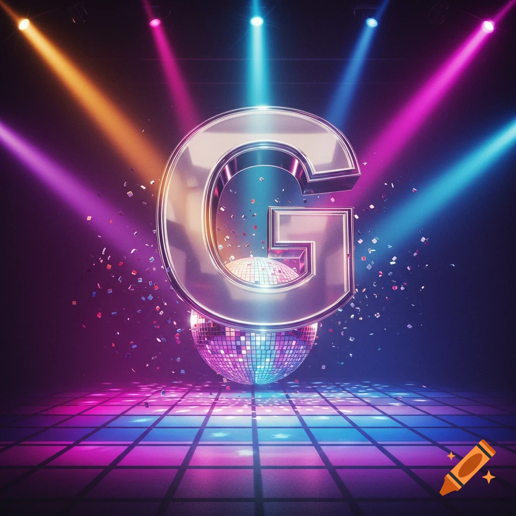 A large, shiny metallic letter G stands on a sparkling disco ball with colorful spotlights and confetti on a tiled dance floor.