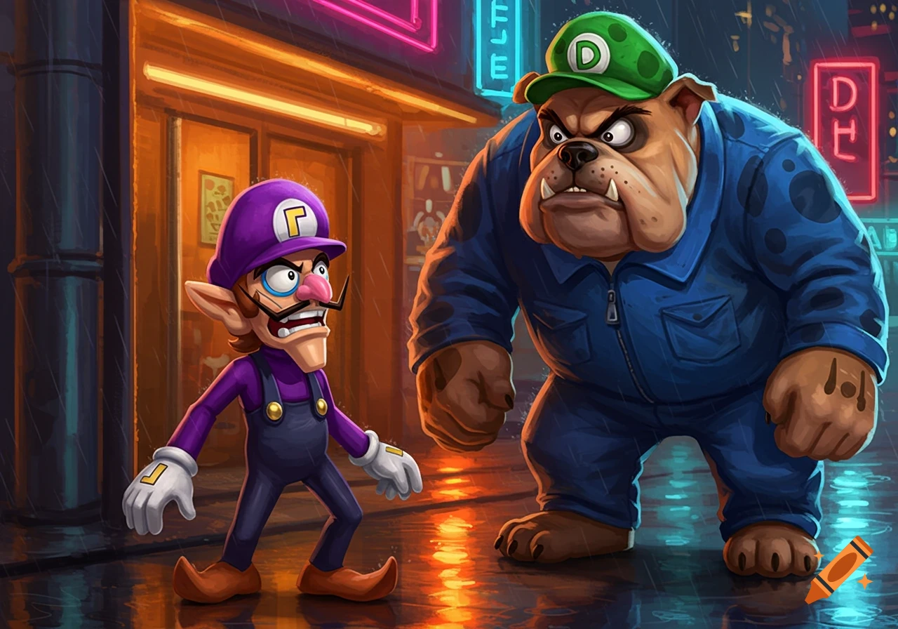 Waluigi stands aggressively before a large, muscular bulldog character with a green hat, in a stylized night city scene with neon lights and rain.