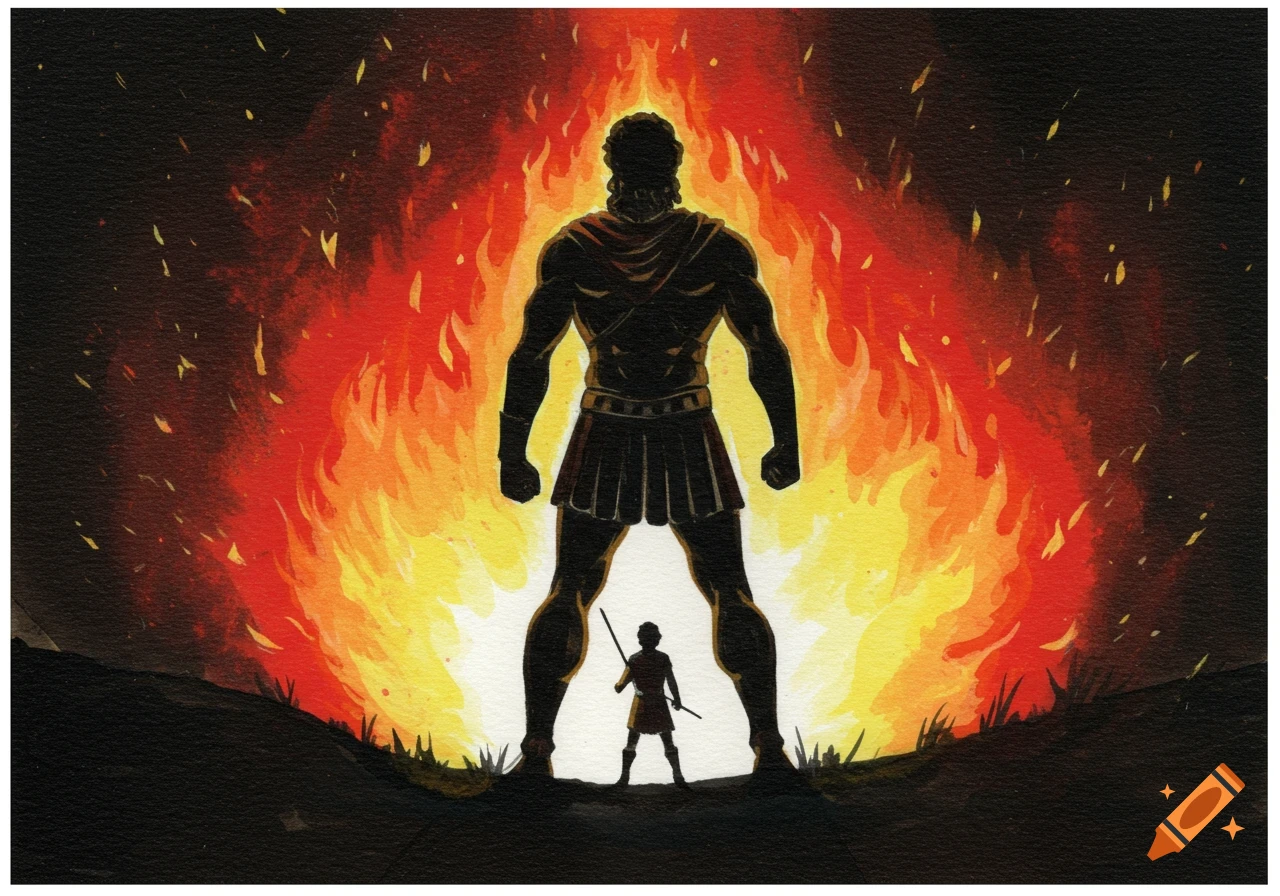 Watercolor illustration of a small silhouette of David facing a towering silhouette of Goliath against a fiery background.