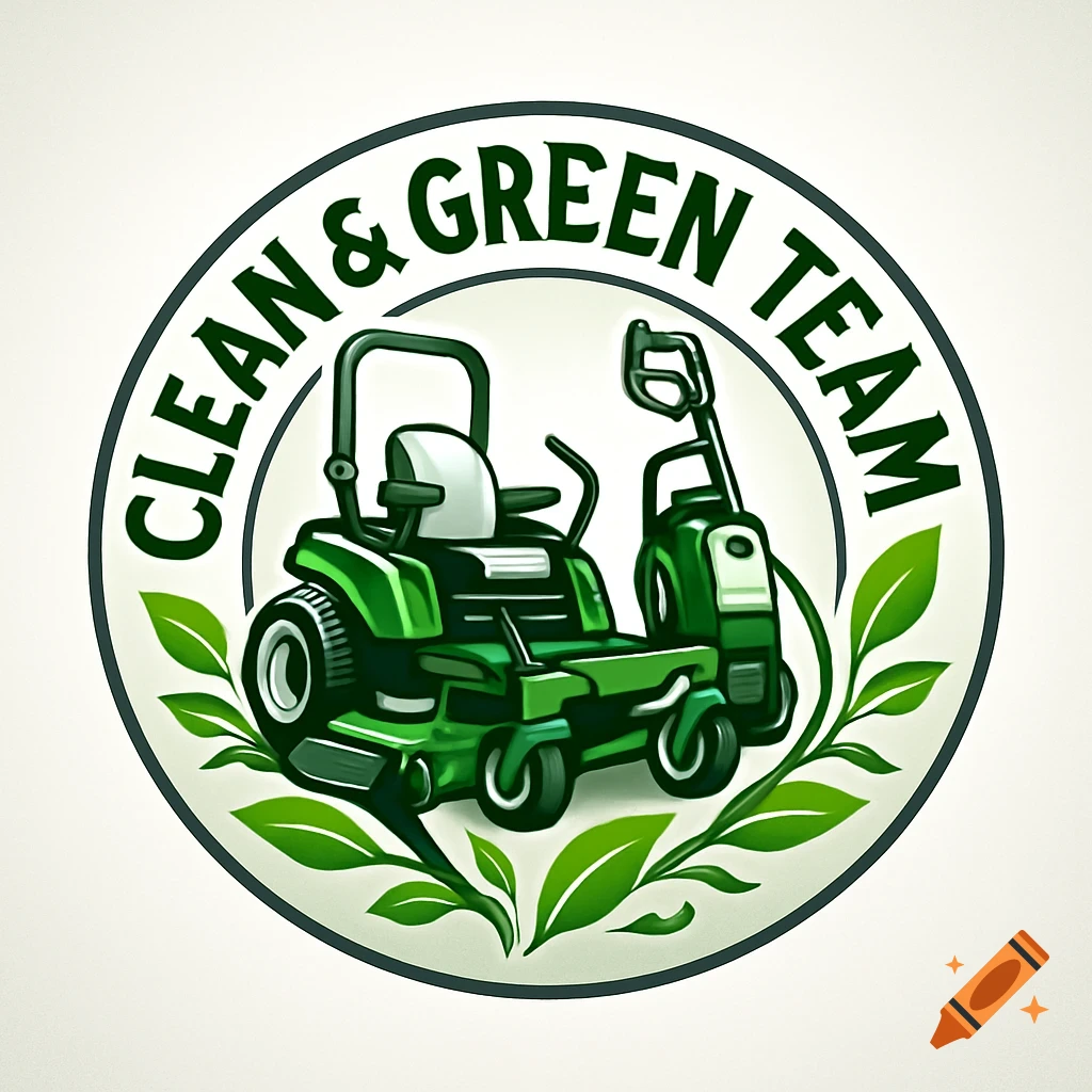 A circular logo with 'CLEAN & GREEN TEAM' text, featuring a green riding lawnmower and push mower surrounded by leaves.