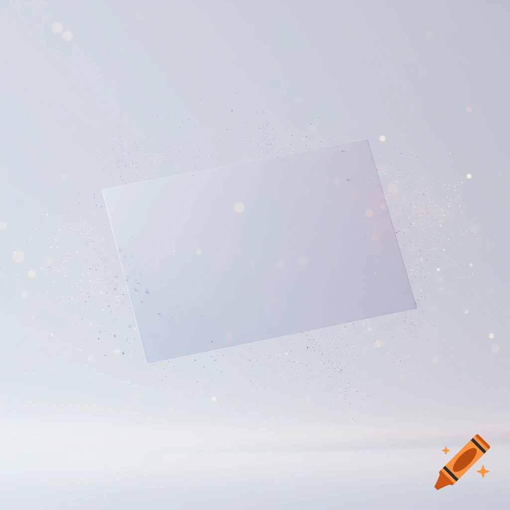 A blank white rectangular card floats in a light, ethereal background with soft bokeh lights and subtle particles.