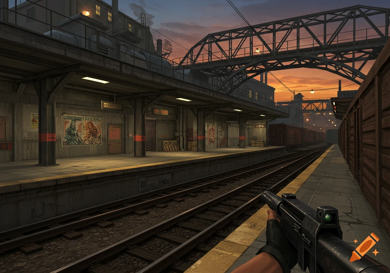 First-person view of a train station platform with tracks, buildings, and an overhead bridge at sunset, holding a rifle.