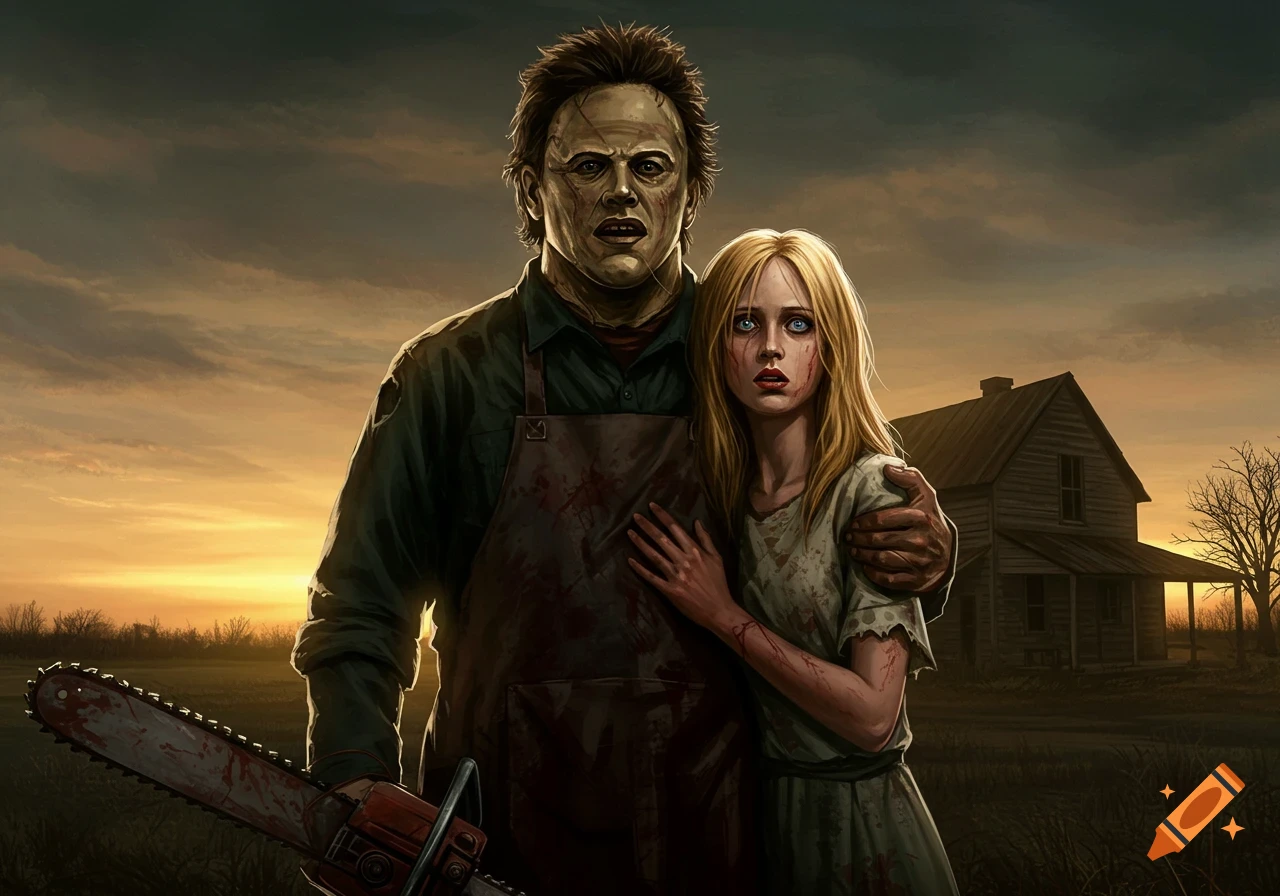 Digital illustration of Leatherface holding a chainsaw and a distressed woman with blonde hair in front of an old house at sunset.