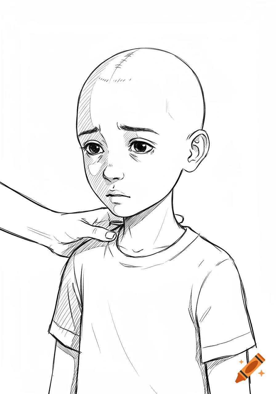 Black and white line art sketch of a sad bald boy with a comforting hand on his shoulder.