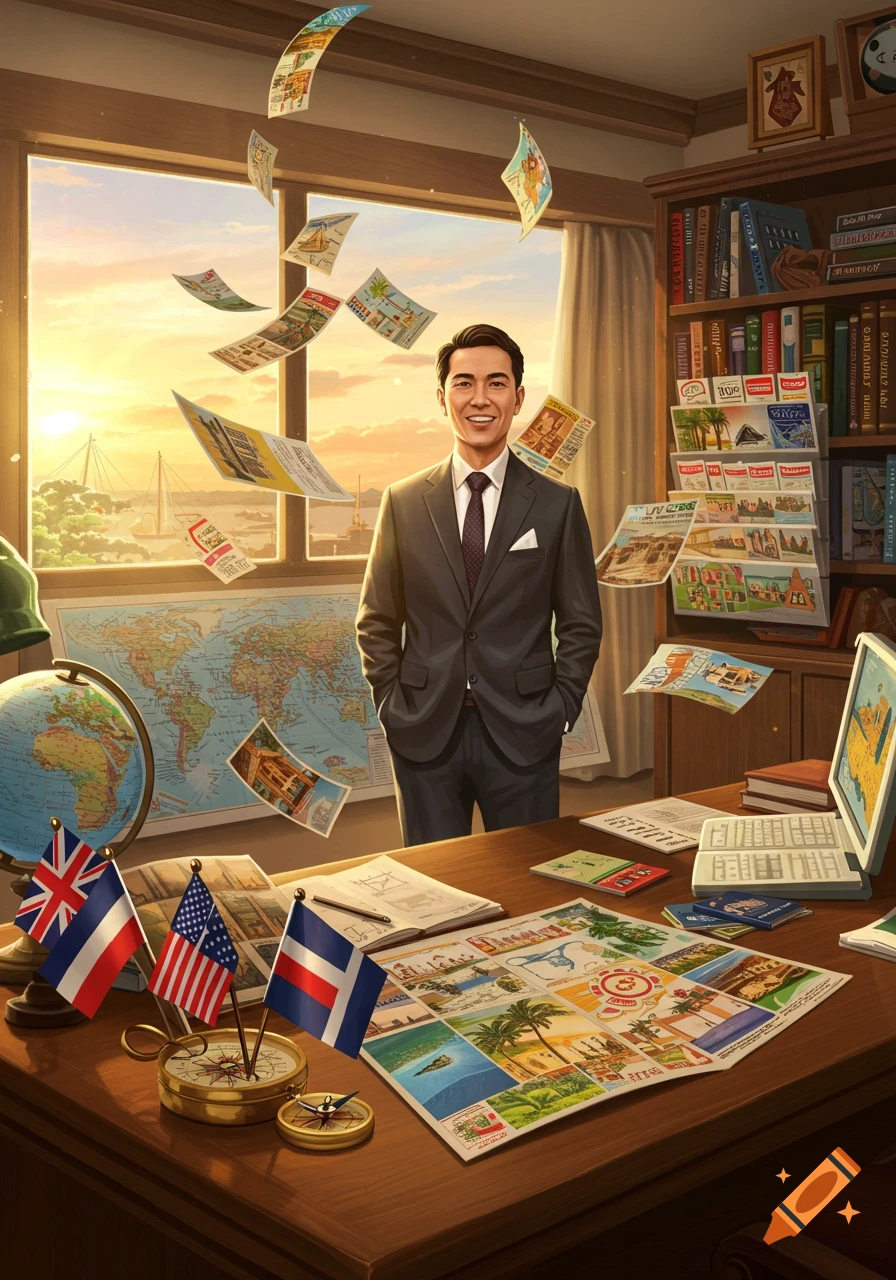 A man in a suit stands in an office with a globe, map, flags, and flying travel-themed papers at sunset.