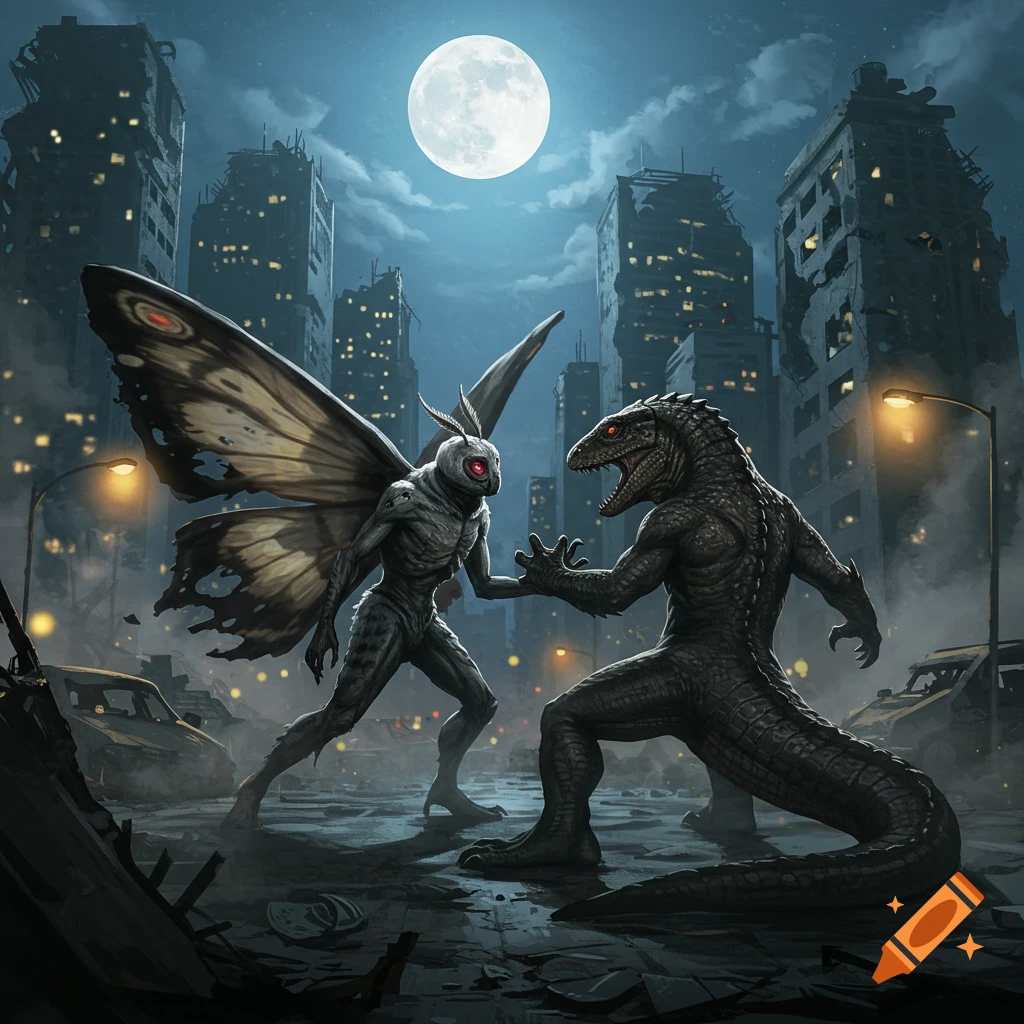 Mothman battles a lizard monster in a ruined city under a full moon, cinematic dark fantasy style.