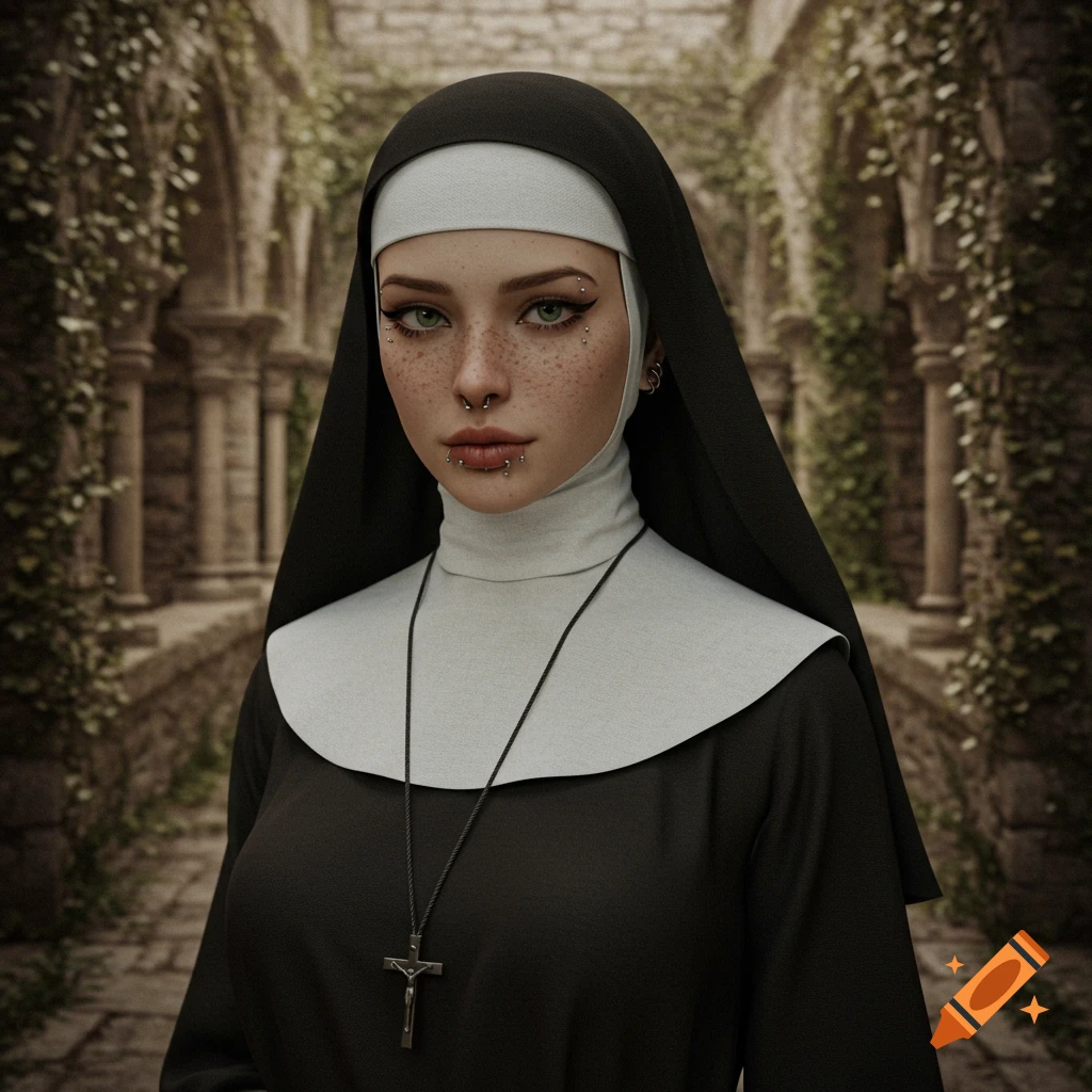 Photorealistic portrait of a young woman in a nun's habit with freckles and piercings in a gothic setting.
