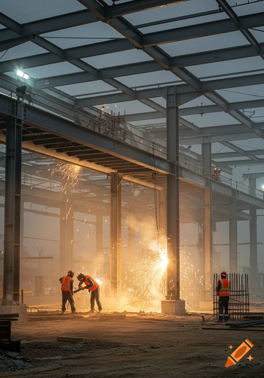Photorealistic image of two construction workers welding a steel structure, emitting bright sparks, at a large industrial job site.