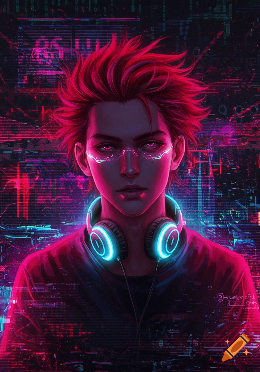 A cyberpunk portrait of a man with spiky red hair, glowing eyes, and blue neon headphones against a dark, glitchy digital background.