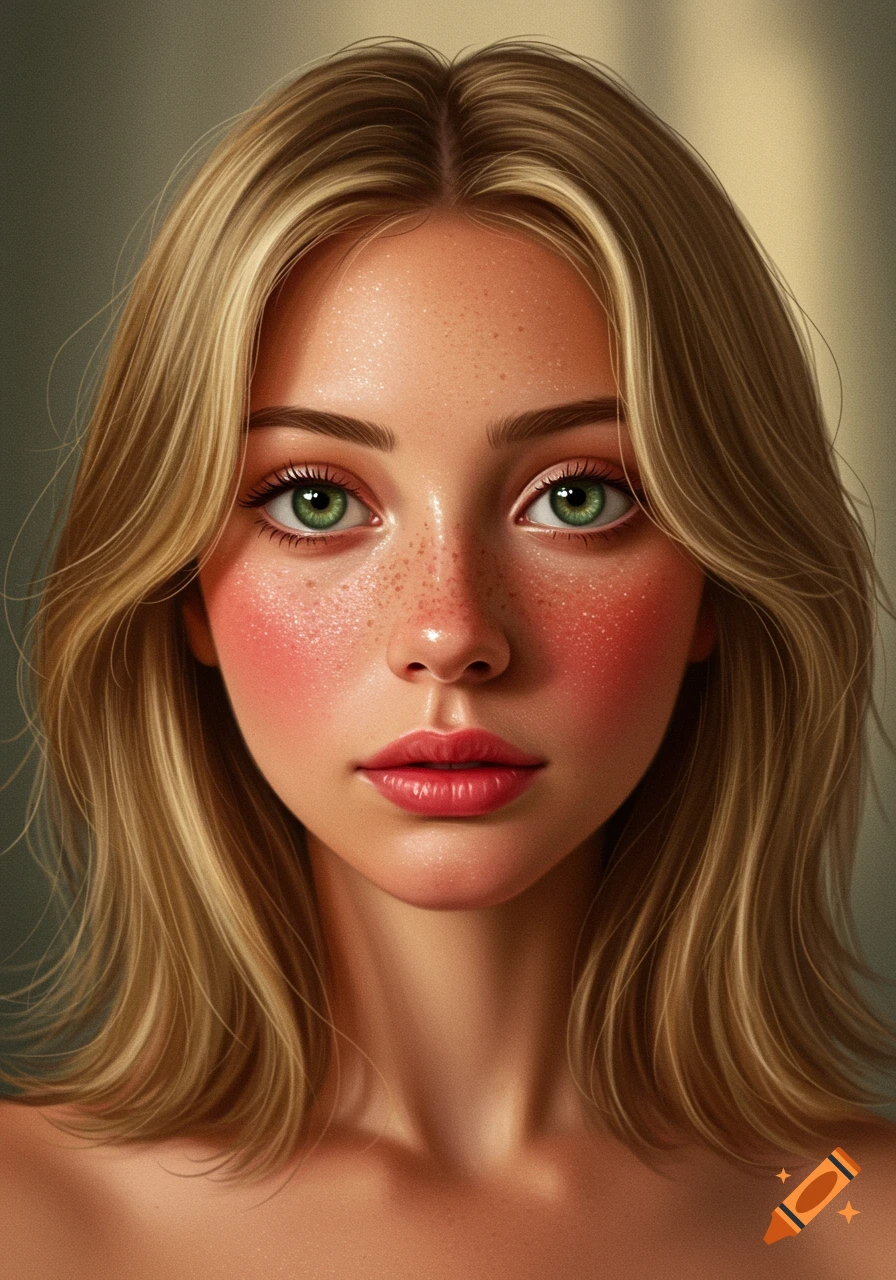 Photorealistic portrait of a young woman with blonde hair, green eyes, freckles, and flushed cheeks.