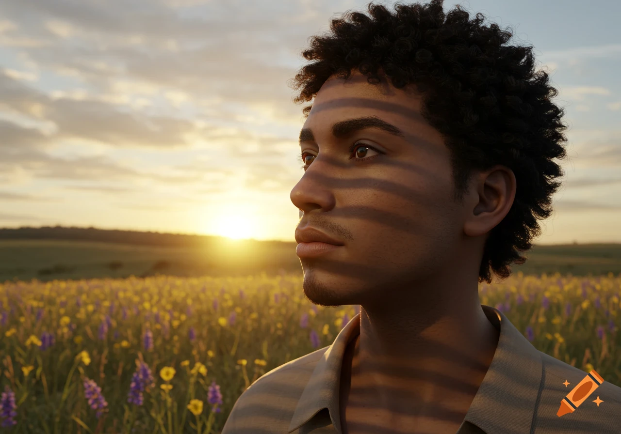 Close-up profile of a person with curly hair looking towards a setting sun in a field of flowers.