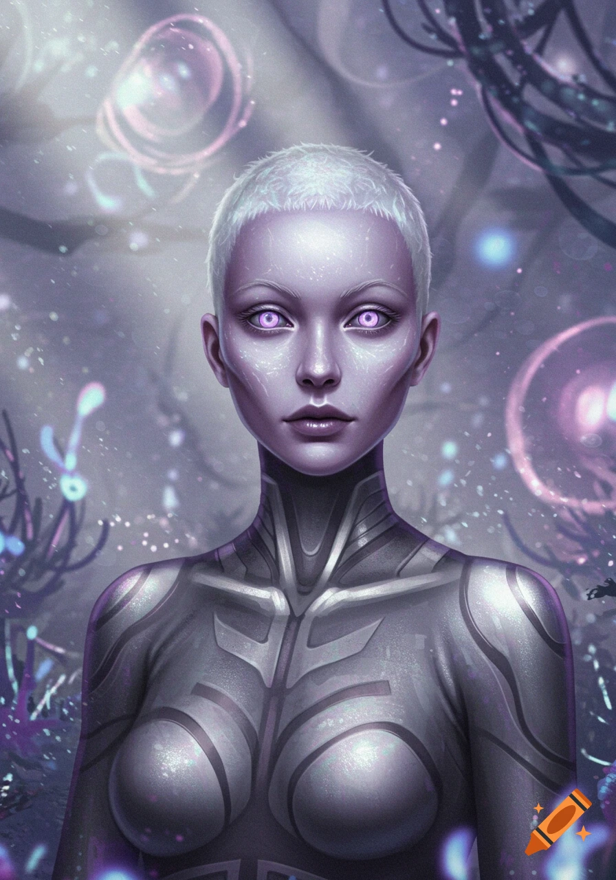 Sci-fi portrait of an alien woman with short silver hair, violet eyes, and a metallic suit.