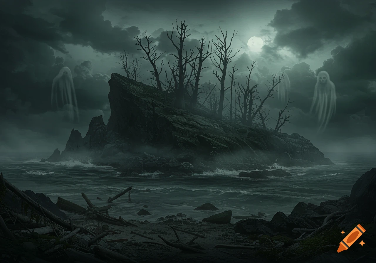 A dark and eerie desolate island with bare trees, crashing waves, and ghosts under a full moon.