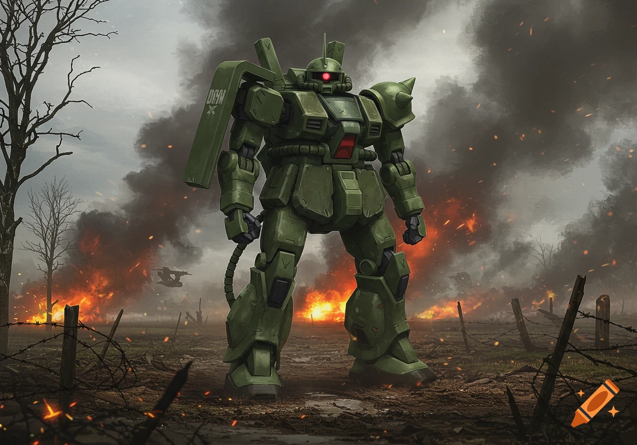 A green Zaku robot stands in a desolate, war-torn battlefield with smoke, fire, and barbed wire.