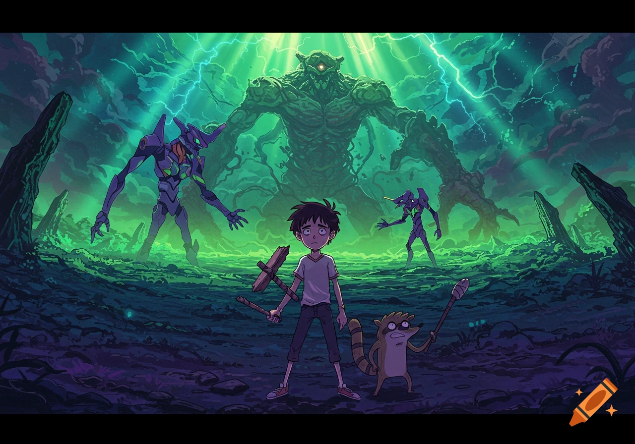 Cartoon scene of a boy and a raccoon holding weapons, facing a giant monster in a glowing green and purple landscape, with two purple mechs in the background.