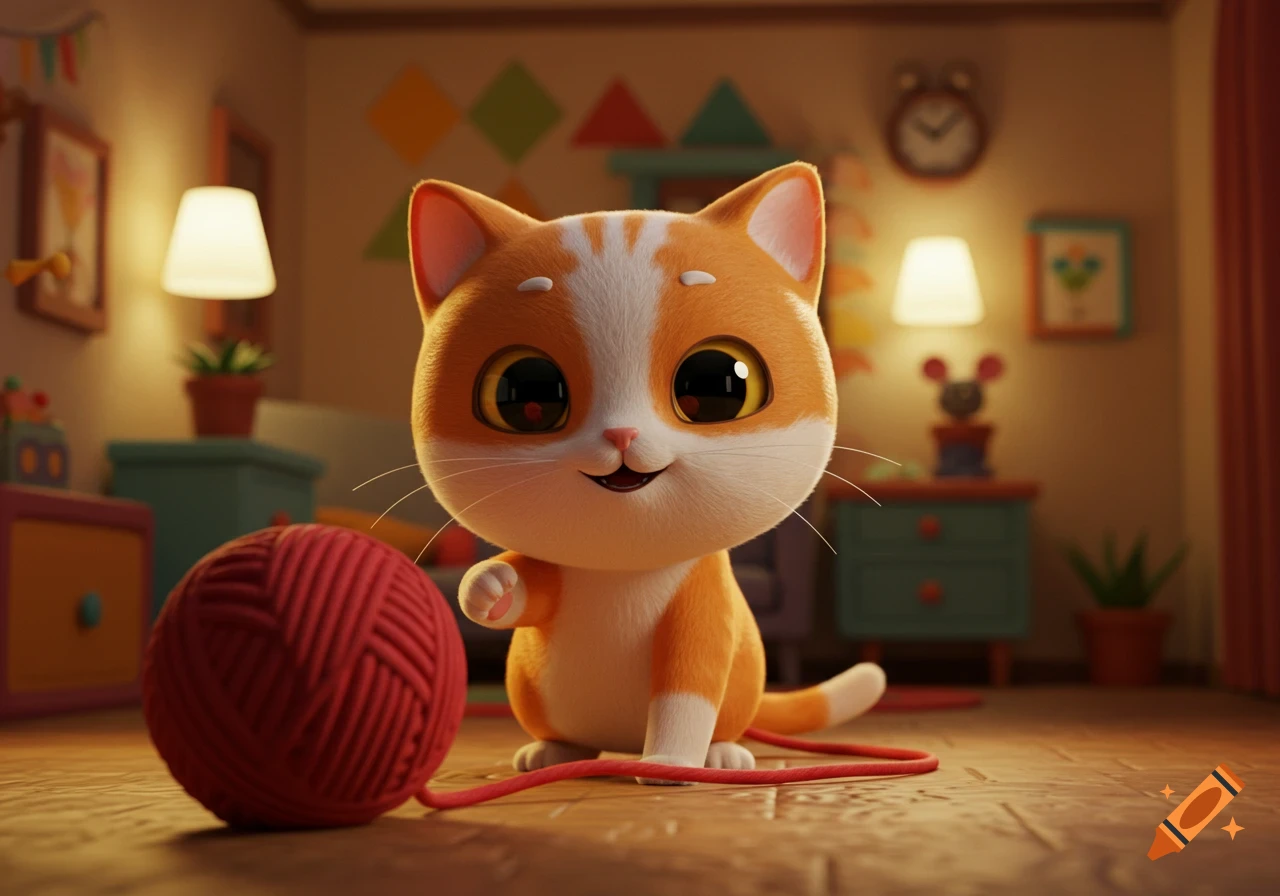 A cute orange and white cartoon cat with large eyes plays with a red ball of yarn on a wooden floor in a cozy room.