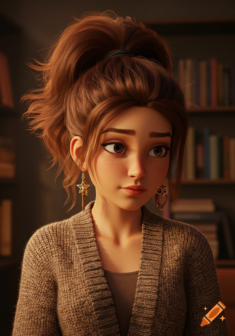 A 3D animated portrait of a young woman with brown hair in a high ponytail, wearing a brown cardigan, and distinctive star and owl earrings, with a bookshelf in the background.