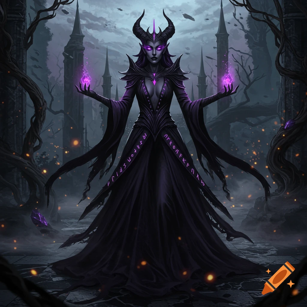 A dark sorceress with horns, glowing purple eyes, and a long black dress holds magical purple orbs in a mystical, gothic setting.
