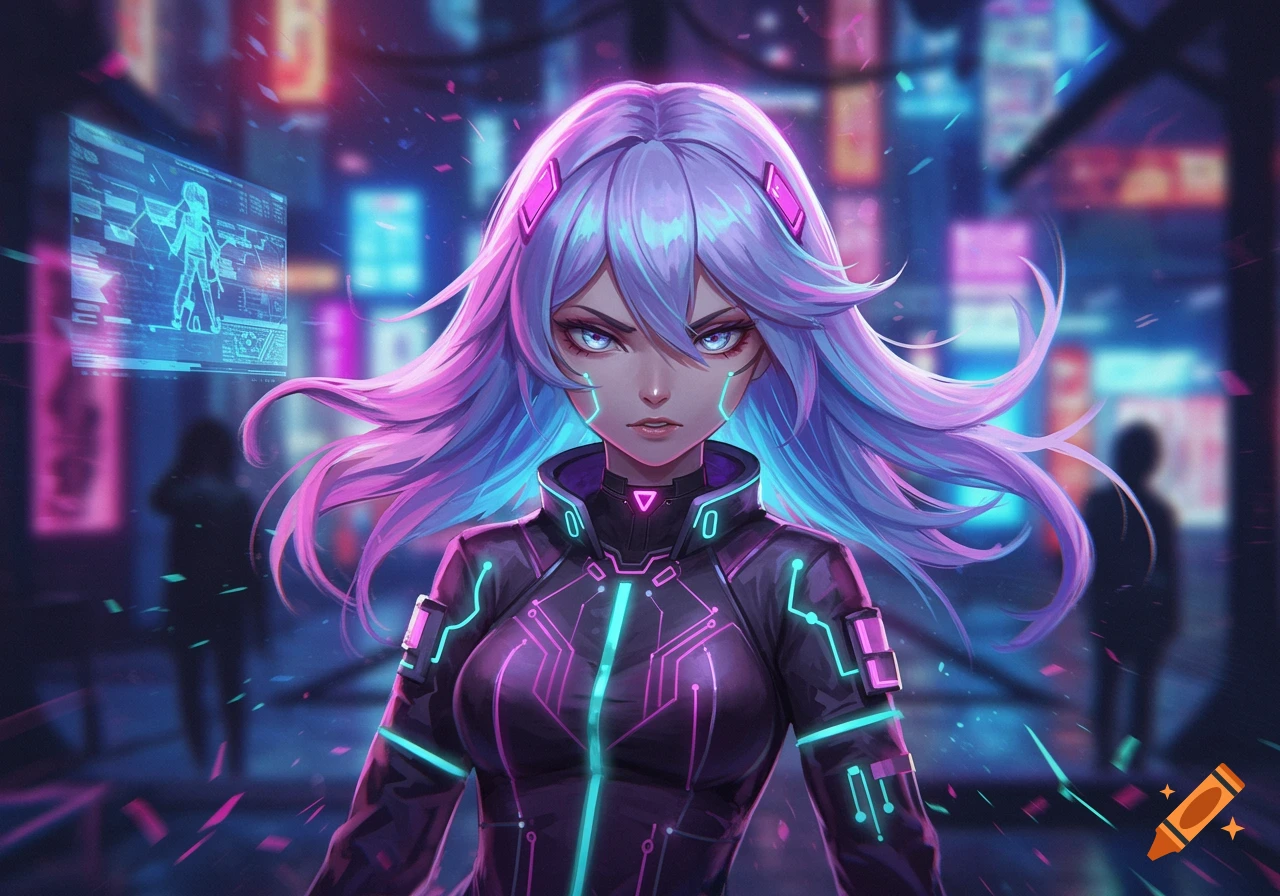 An anime girl with glowing purple and blue hair and an annoyed expression in a futuristic jacket amidst a neon-lit cyberpunk city.