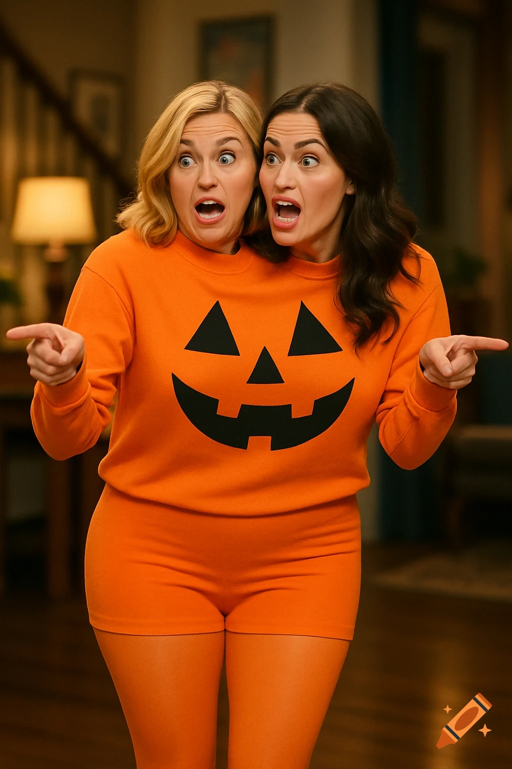 Two women in a conjoined orange pumpkin costume point in opposite directions with surprised expressions, in a living room.