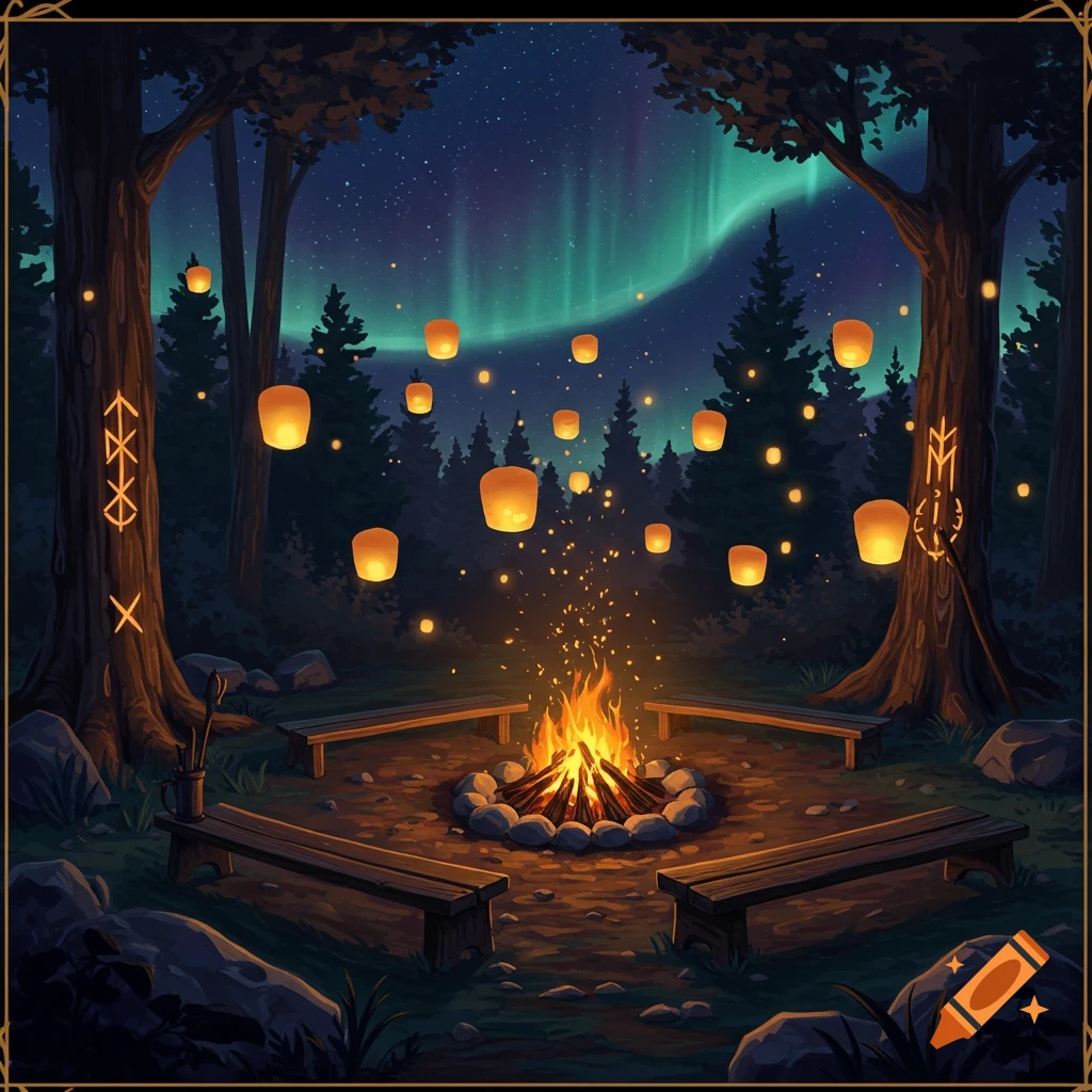 A mystical night scene in a forest with a campfire surrounded by benches, floating lanterns, and an aurora borealis. Runic symbols are on tree trunks.