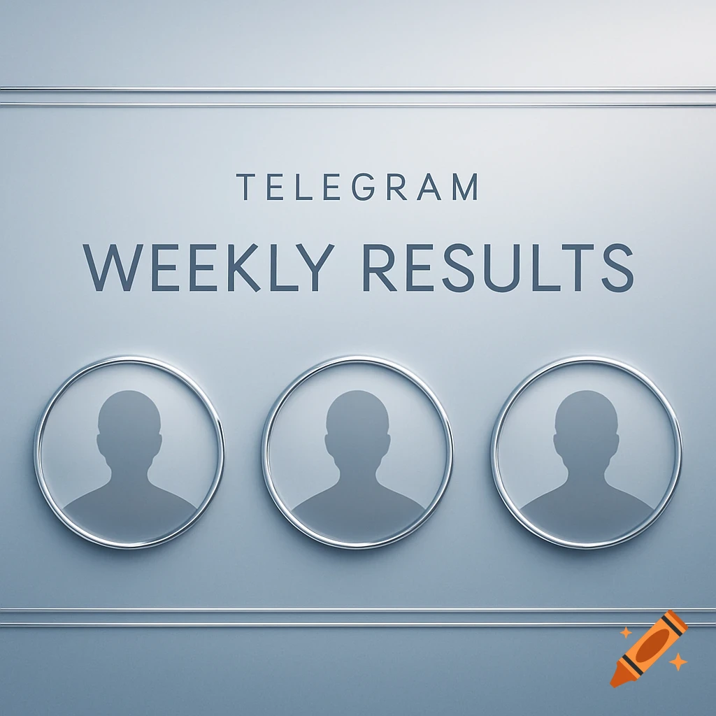A sleek, minimalist digital banner with "TELEGRAM WEEKLY RESULTS" text above three round empty avatar placeholders on a metallic grey background.