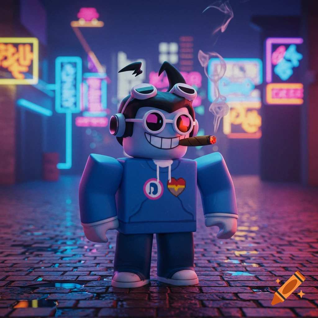Roblox character smoking a cigar in a neon-lit cyberpunk alley, digital art style.